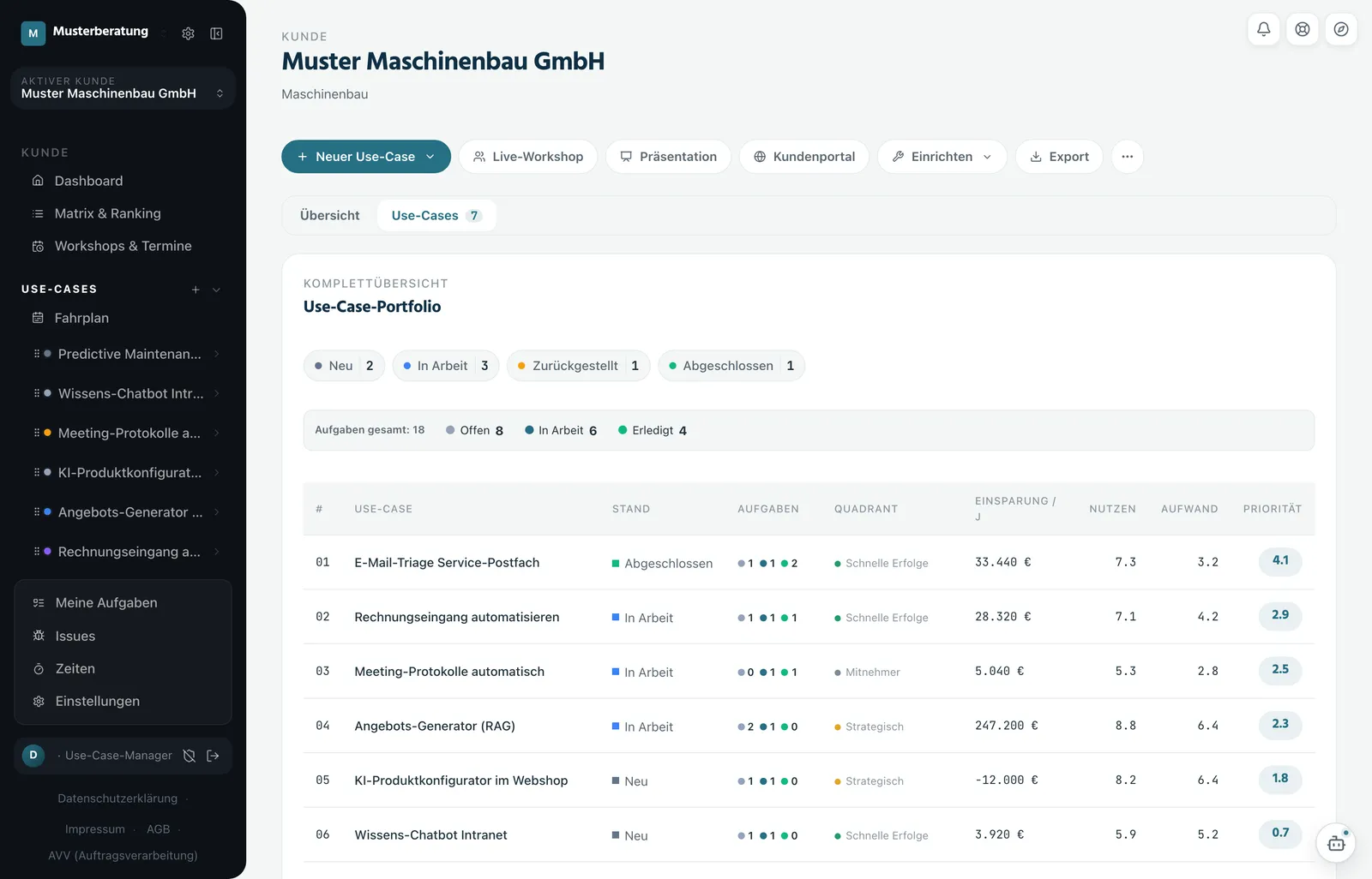 Use-Case-Liste in Initiwise: gesammelte KI-Ideen mit Status und Zuordnung